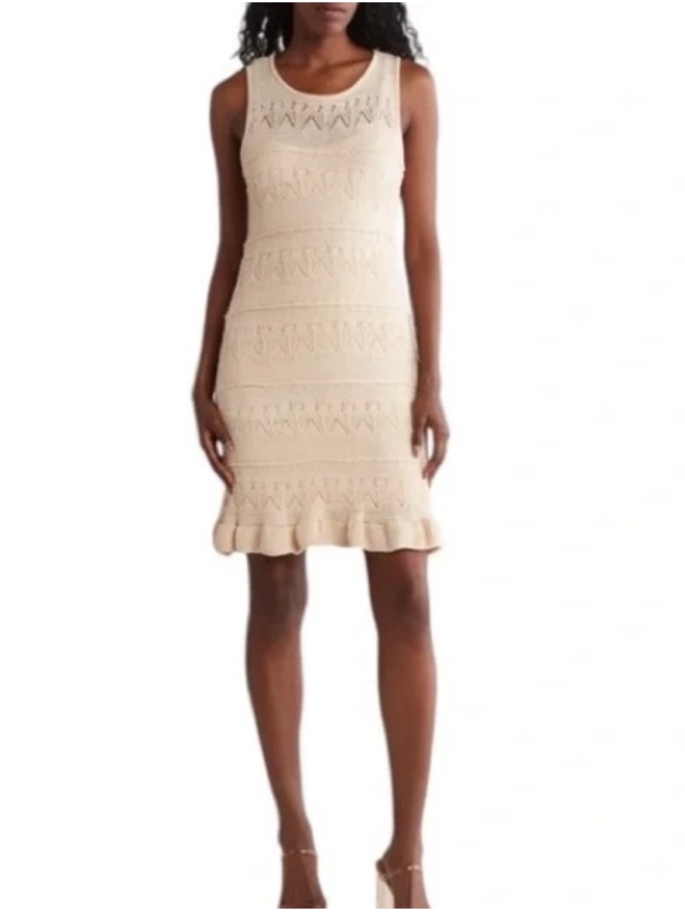 Lucky Brand Sandollar Cream Crochet Knit Ruffle-Hem Cottagecore Mini Dress L